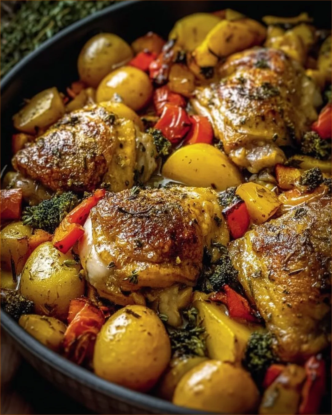 Oven roasted chicken thighs served with colorful vegetables in a baking dish