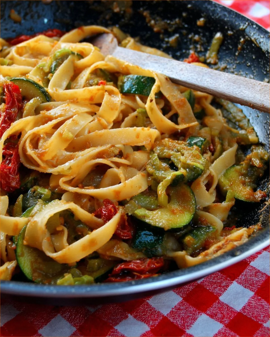 Creamy pasta dish with zucchini and cheese, garnished for presentation.