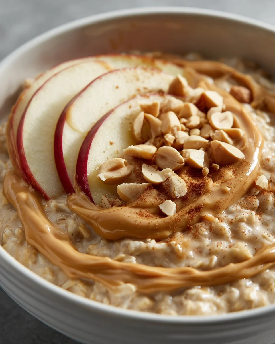 Delicious peanut butter apple breakfast bowl topped with fresh apples and nuts