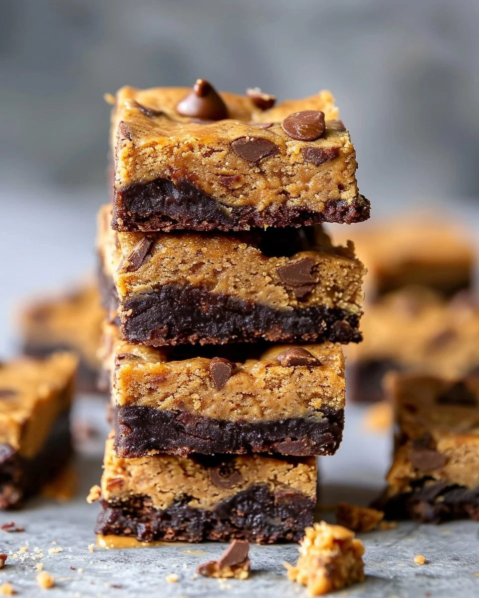 Homemade peanut butter bars with chocolate drizzle on a wooden table