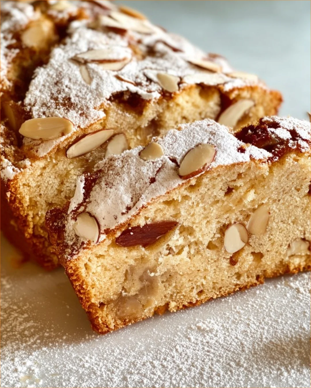 Homemade plumcake with apples and almonds served on a rustic wooden table.