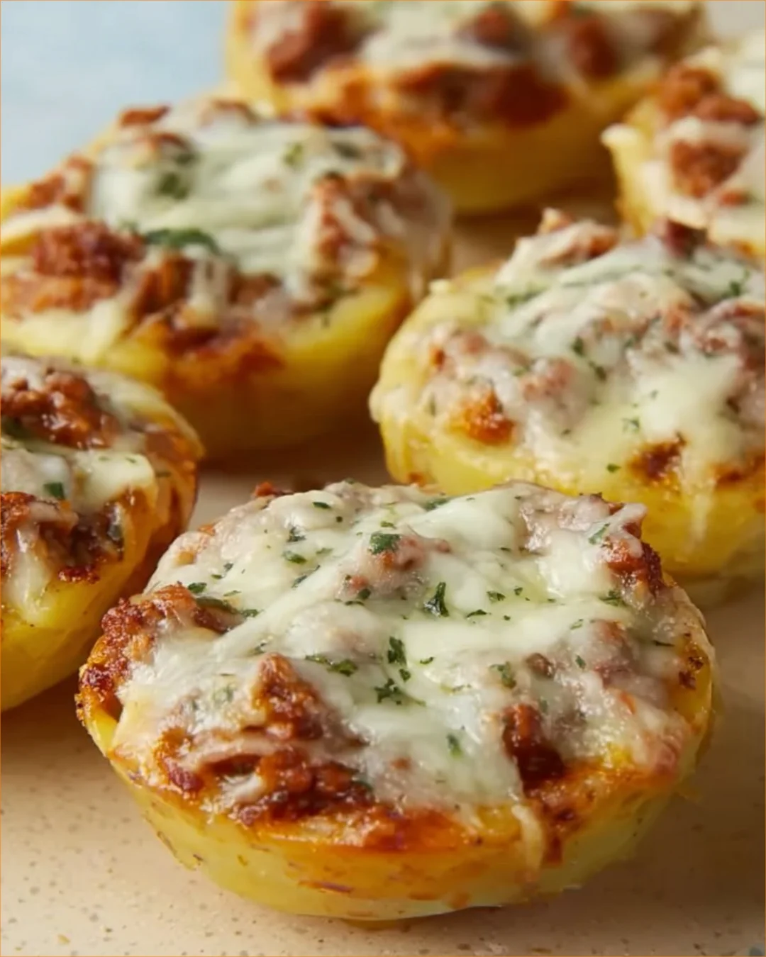 Potato Baskets filled with Ragu and melted cheese on a plate