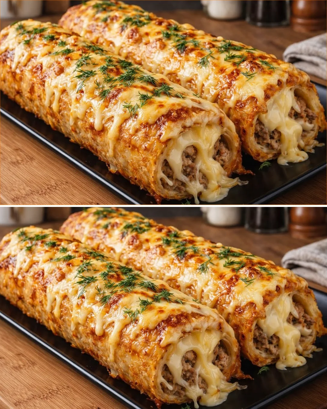Delicious Potato Roulade filled with minced meat and cheese, served on a plate.