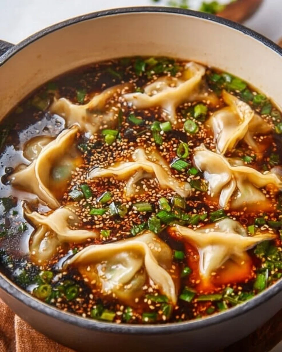 Bowl of steaming Potsticker Soup garnished with green onions and herbs