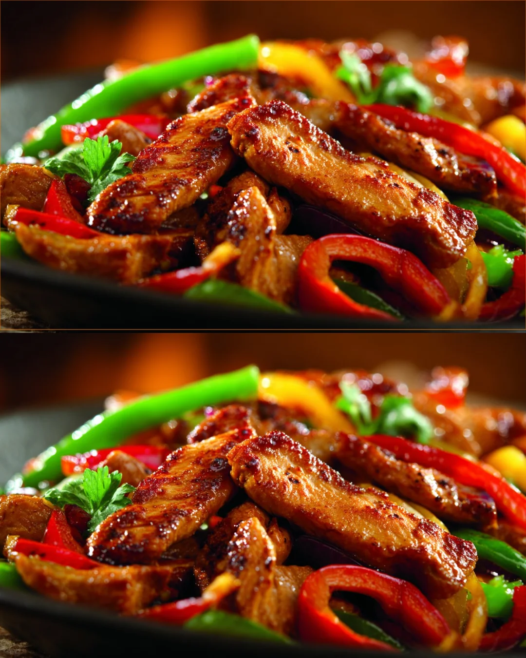 Colorful chicken stir-fry with vegetables in a skillet