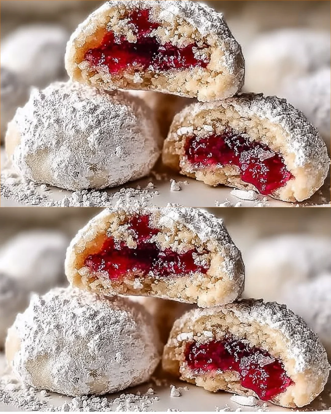 Delicious Raspberry Almond Snowball Cookies dusted with powdered sugar