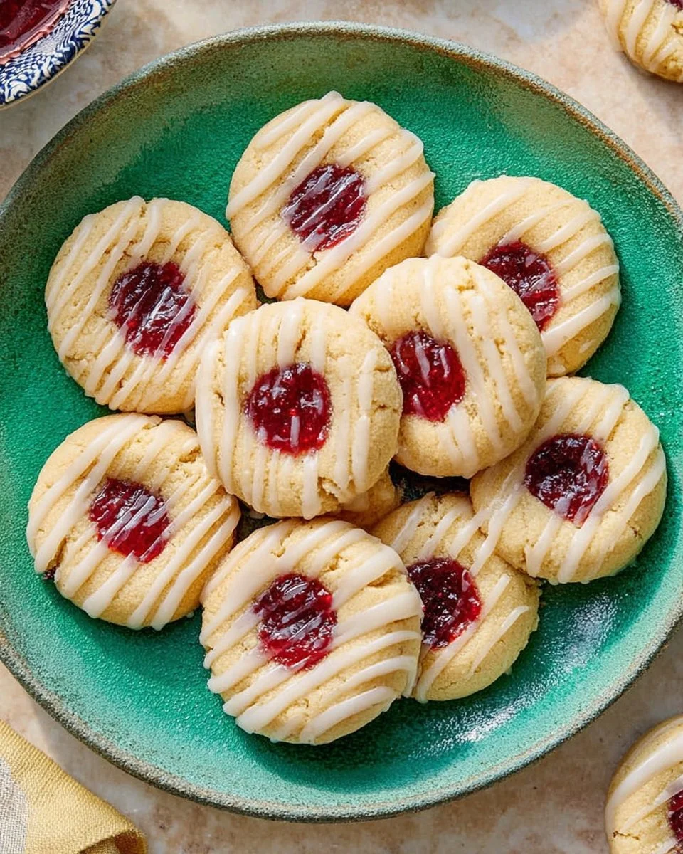 Freshly baked Raspberry Almond Thumbprint Cookies on a white plate