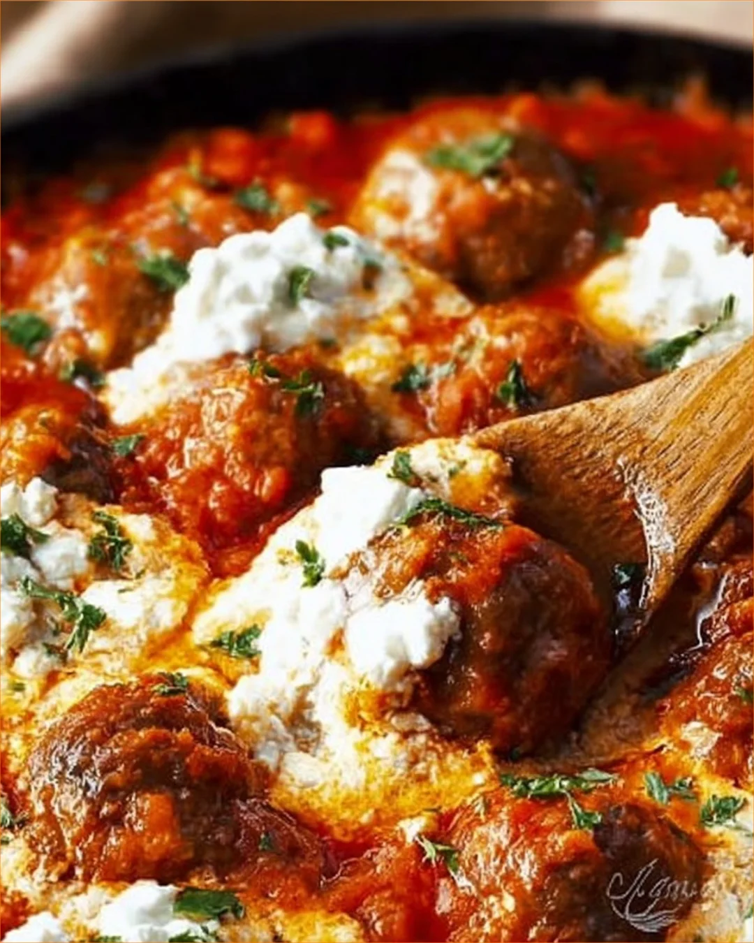 Delicious ricotta meatballs served in marinara sauce with fresh herbs