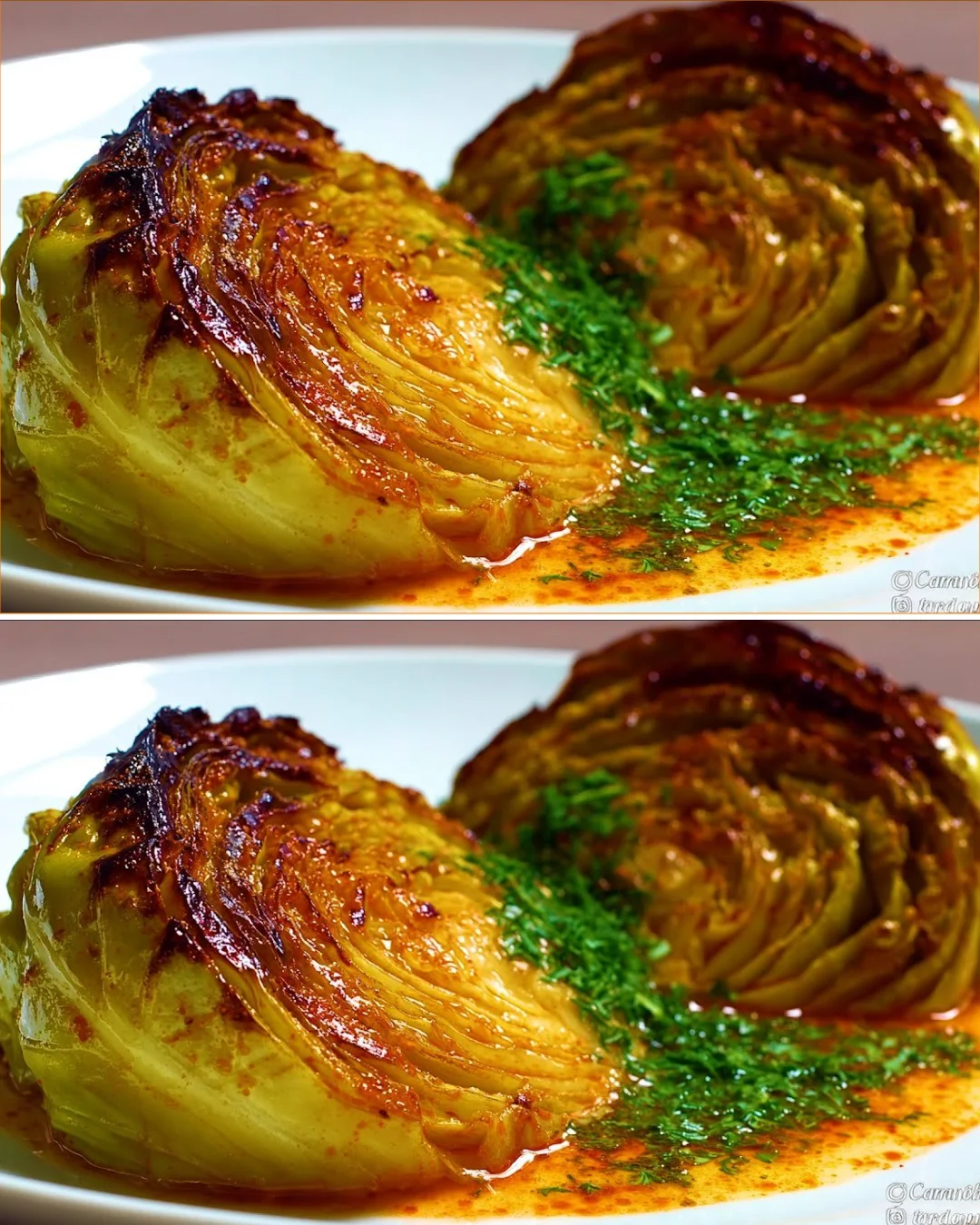 Delicious roasted cabbage that melts like butter, served on a plate.