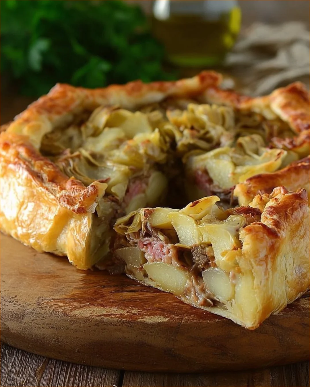 Savory artichoke and potato tart served on a plate with garnishes