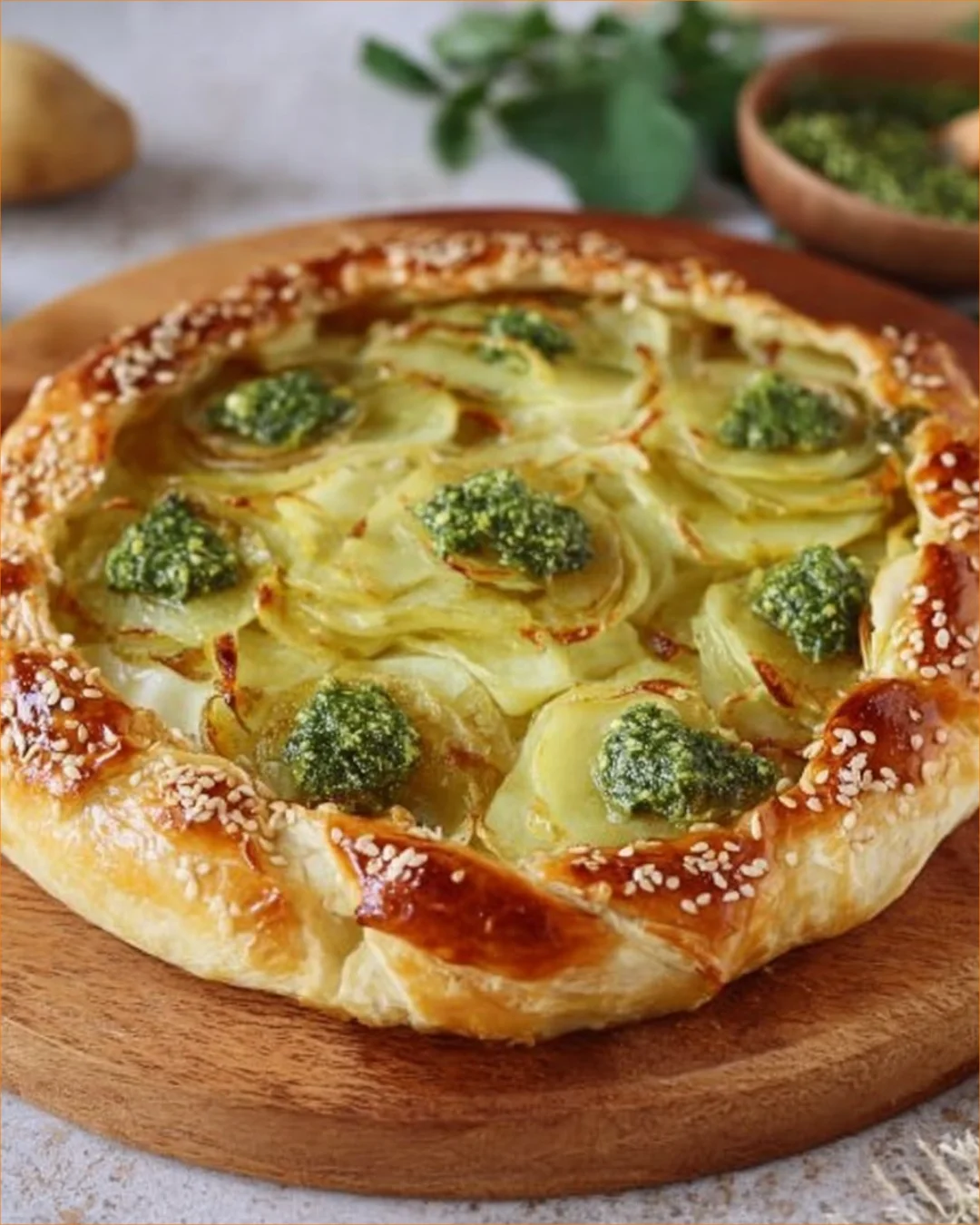 Savory pie filled with potatoes and pesto, perfect for a hearty meal.
