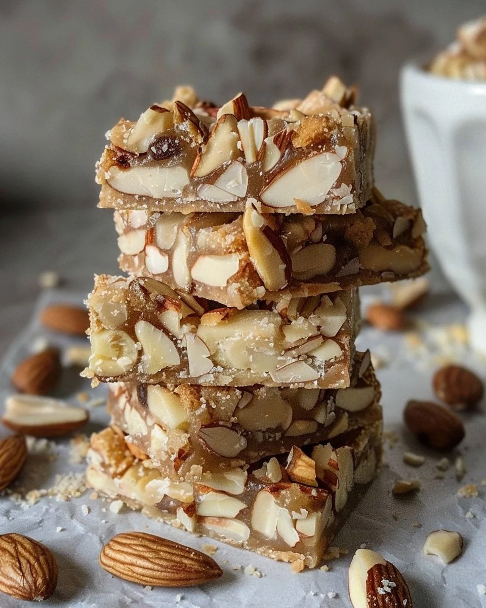 Scandinavian almond bars on a decorative plate with almonds