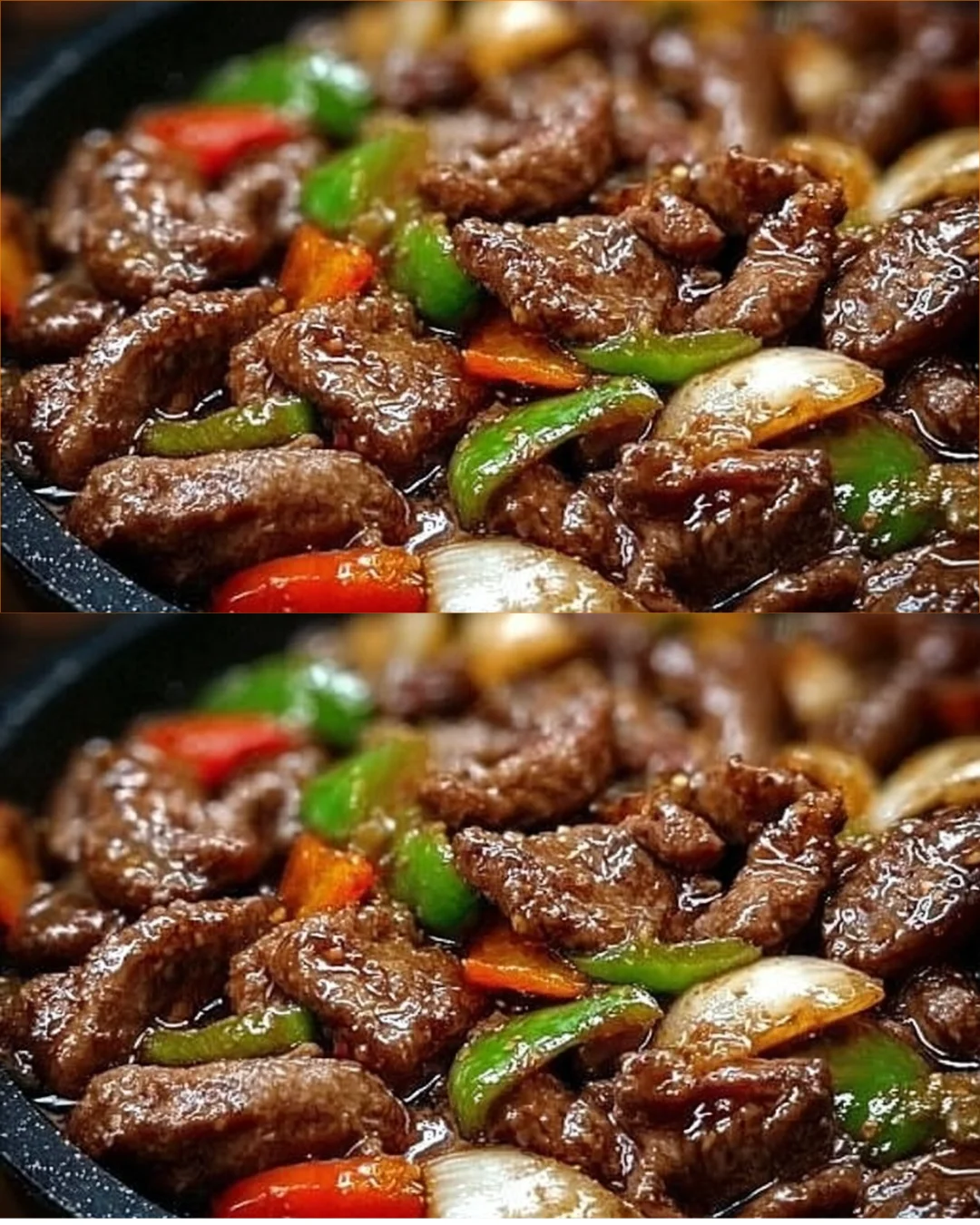 Sizzling Chinese Pepper Steak with Onions served on a plate