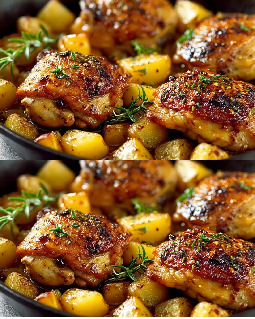 Skillet honey garlic chicken thighs served with crispy roast potatoes