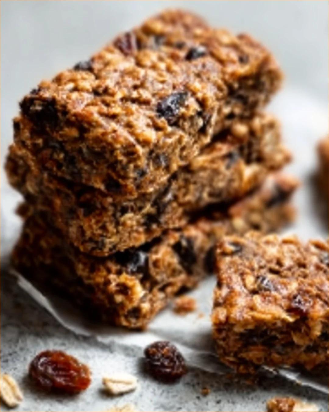 Soft oatmeal raisin cookie granola bars stacked on a plate
