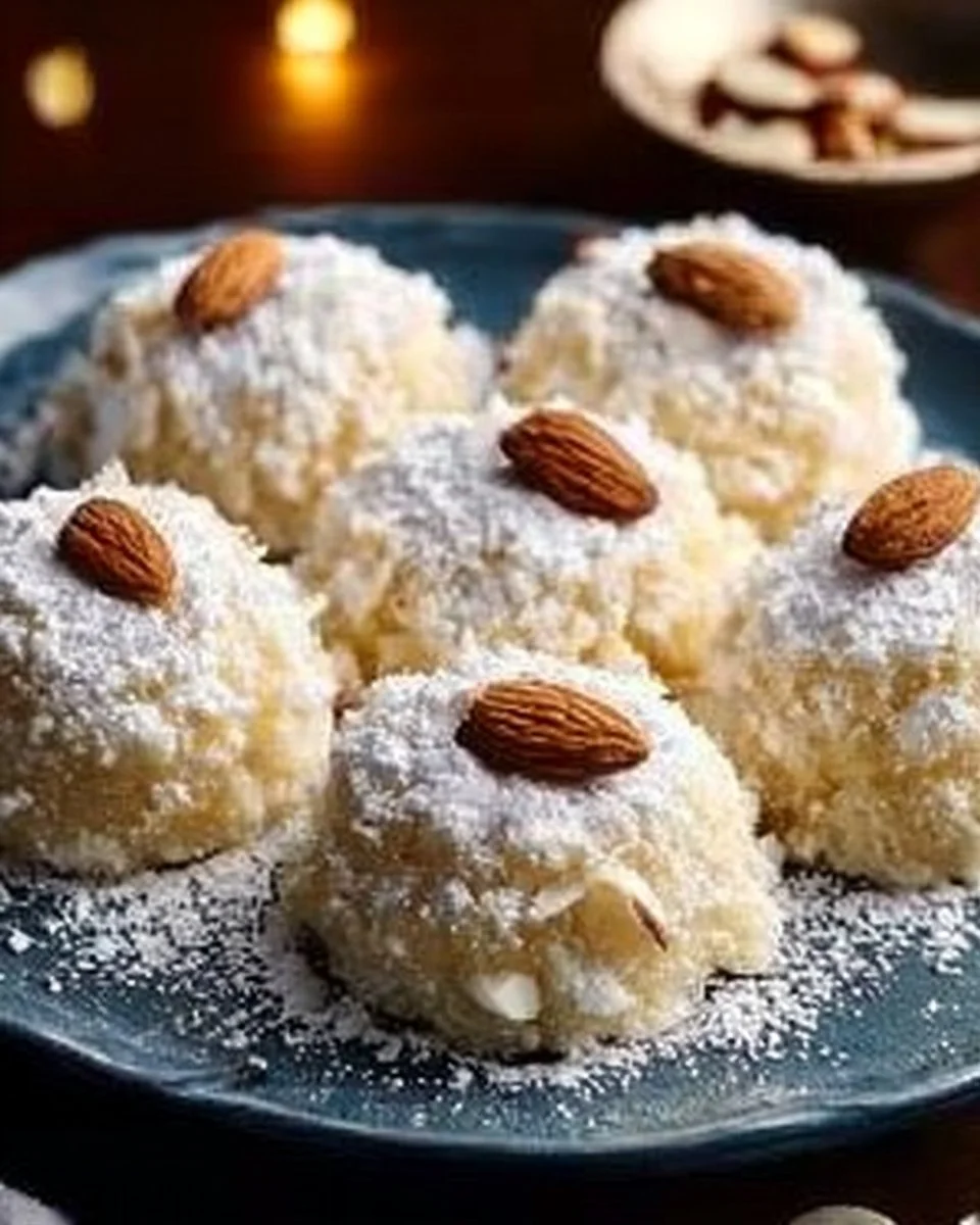 Soft ricotta almond pillows on a plate, garnished with almonds and powdered sugar.