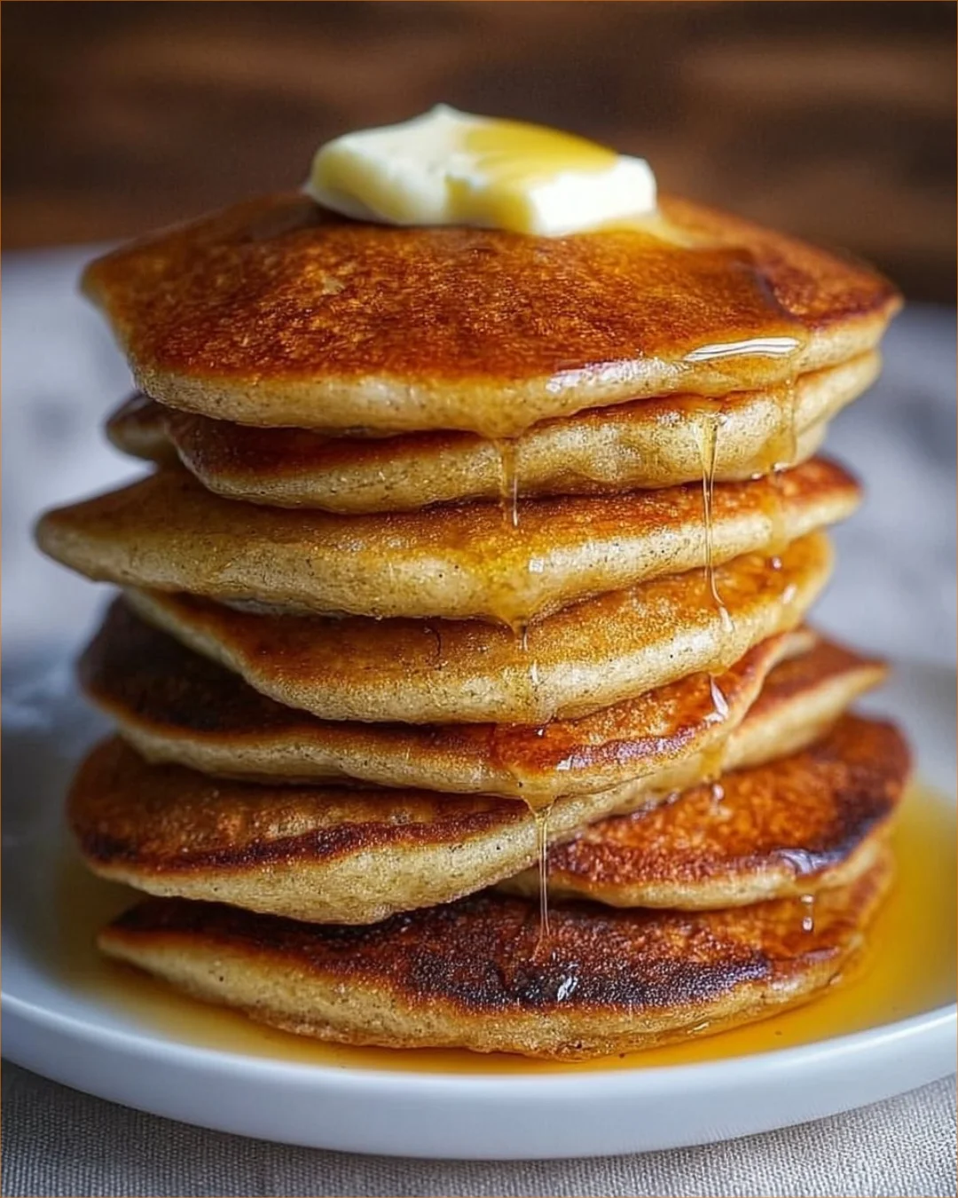 Delicious sourdough pancakes stacked with syrup and fresh fruit.