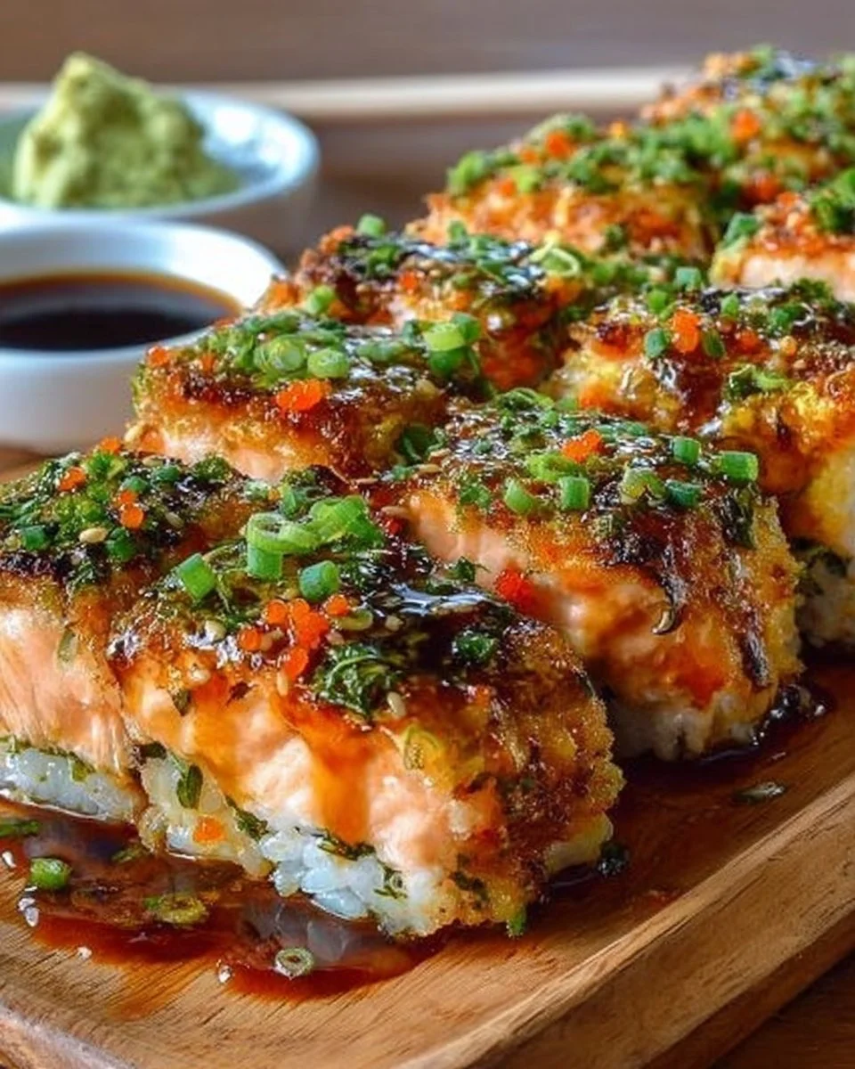 Delicious Spicy Salmon Sushi Bake served in a baking dish with chopsticks