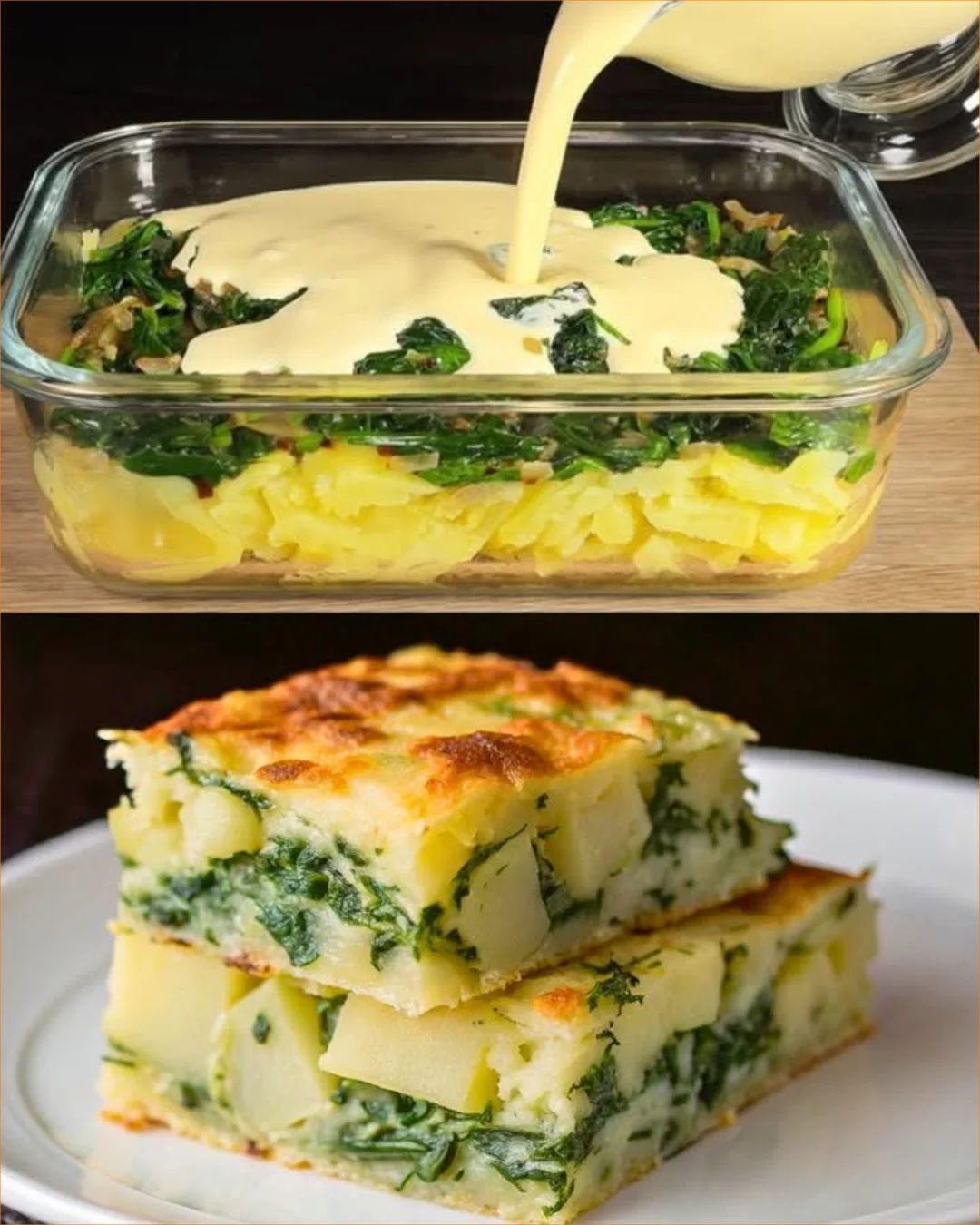 Delicious Spinach and Potato Casserole with creamy sauce and melted cheese