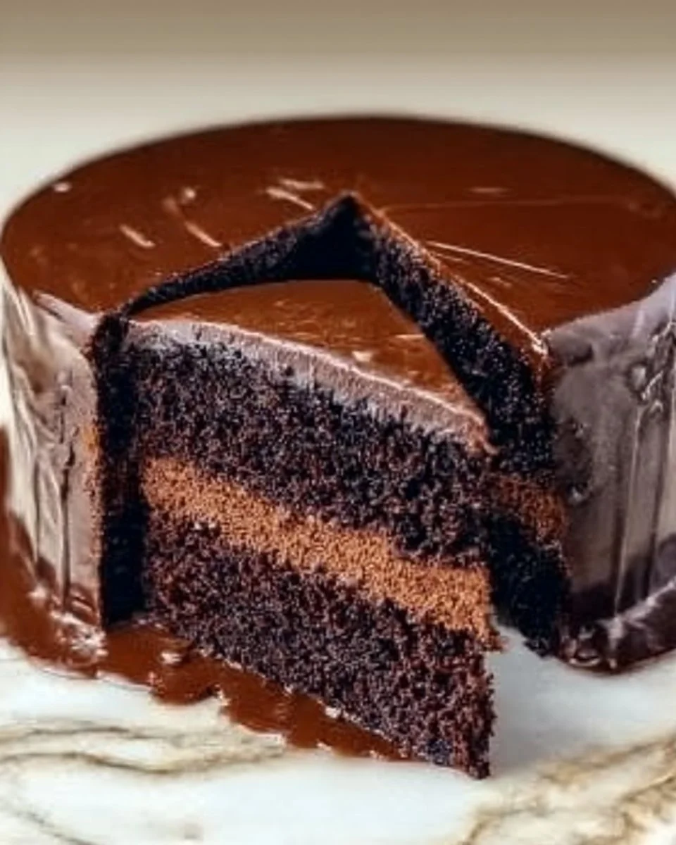 Sugar and flour-free chocolate cake on a plate with chocolate drizzle.