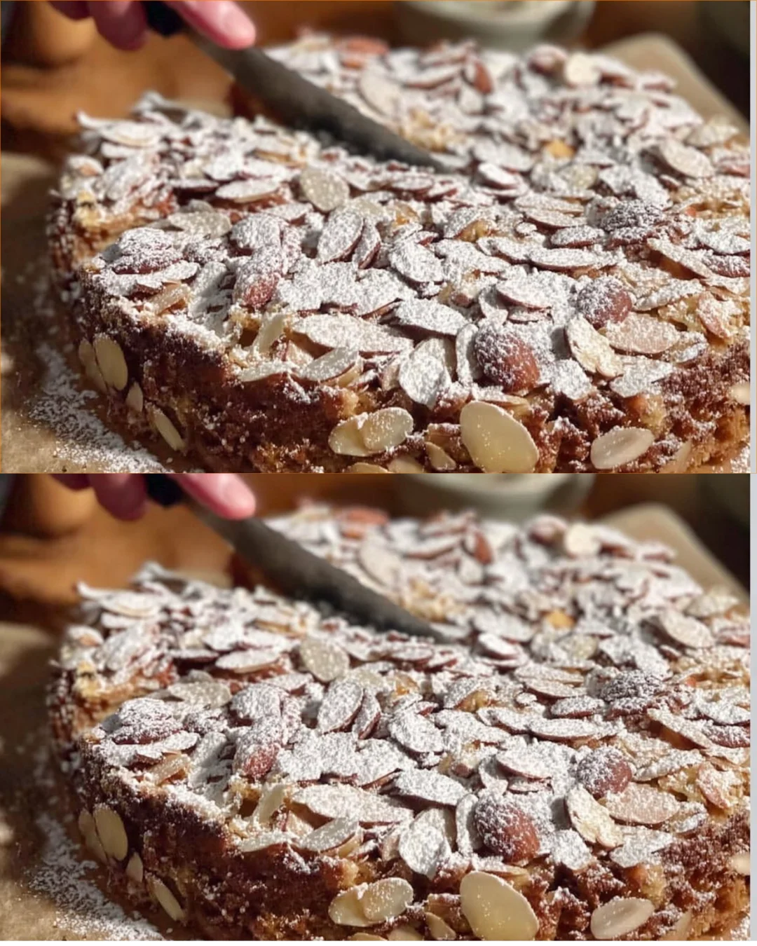 Slice of Swedish Almond Cake (Toscakaka) topped with caramelized almonds.