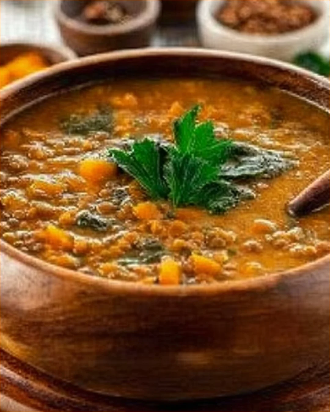 Bowl of delicious Sweet Potato Lentil Soup, a healthy vegan meal.