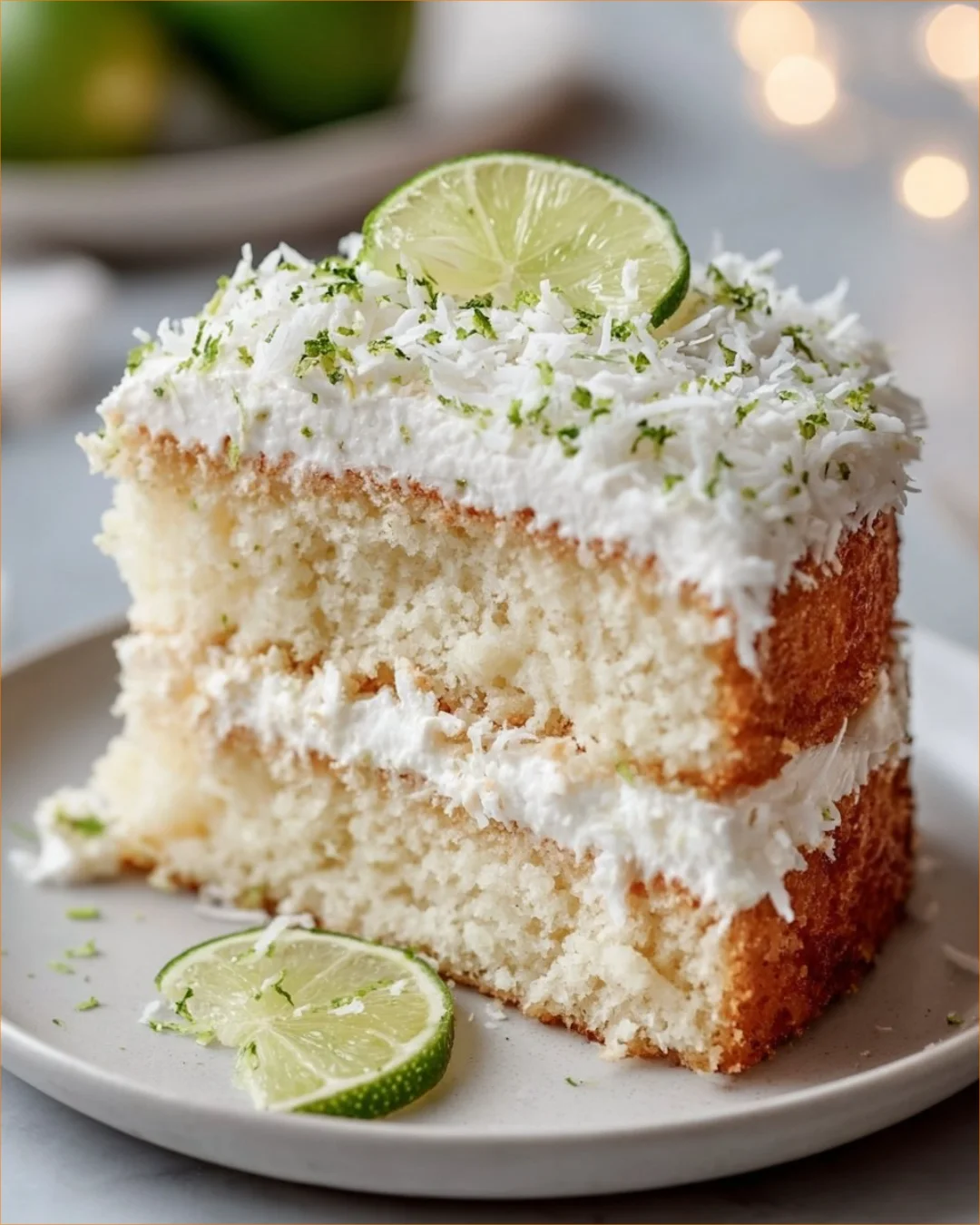 Slice of Coconut Lime Cloud Cake with a coconut and lime garnish