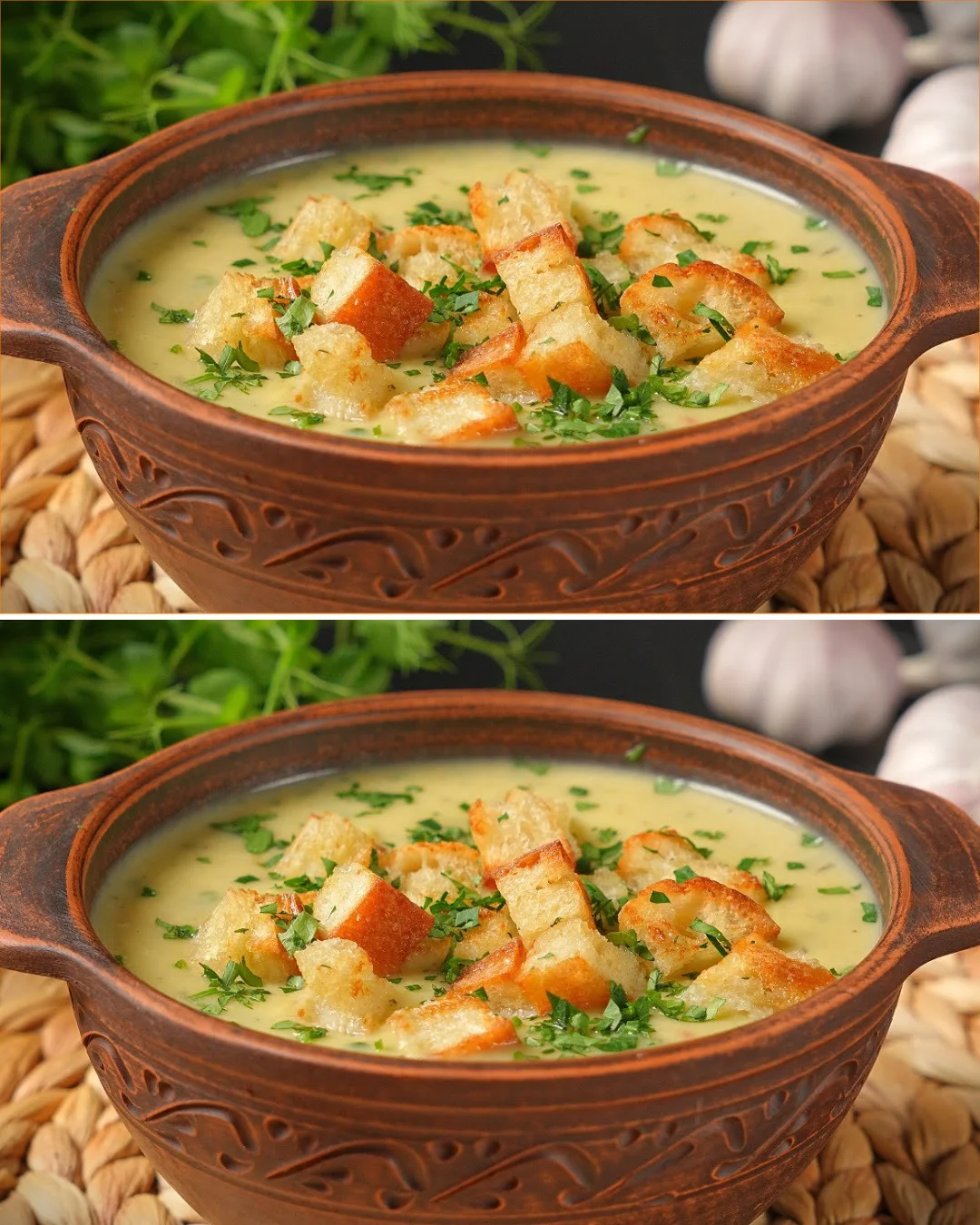 Bowl of Incredible Winter Garlic Soup garnished with herbs