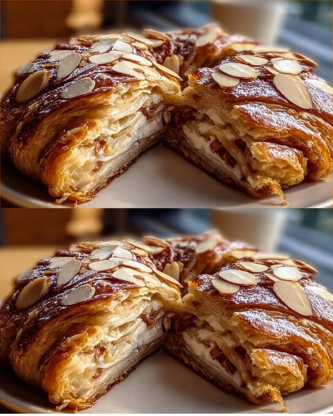 Delicious homemade almond kringle pastry topped with icing and almonds