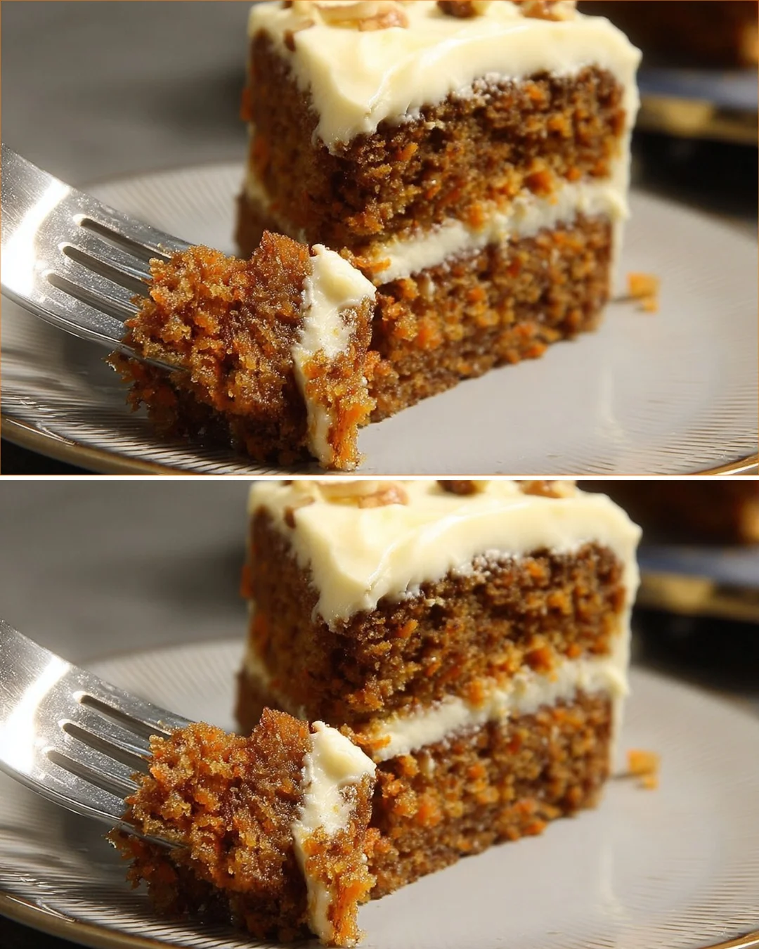 Slice of moist carrot cake with cream cheese frosting and orange syrup topping