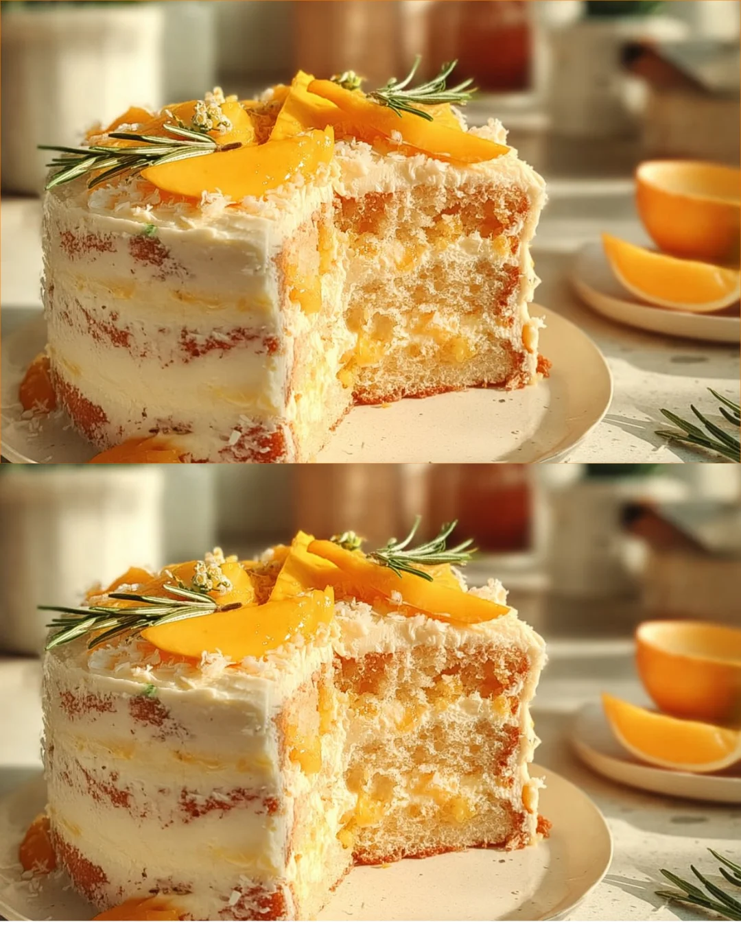 Vegan Mango Coconut Cake topped with fresh mango slices and coconut flakes