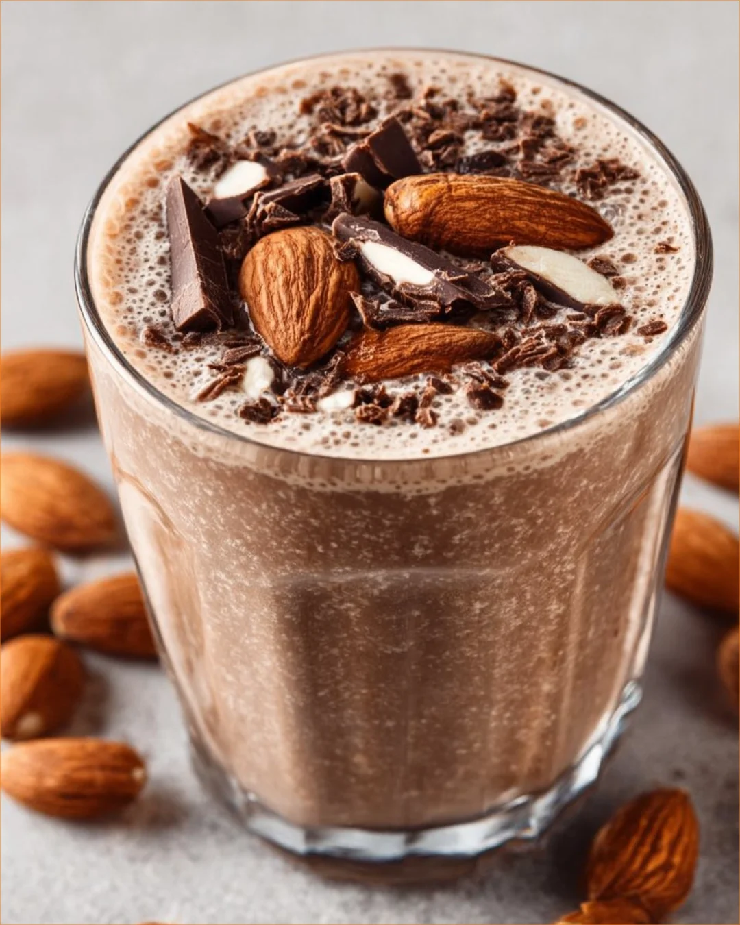 Vegan Almond Joy Smoothie in a glass topped with coconut and almonds