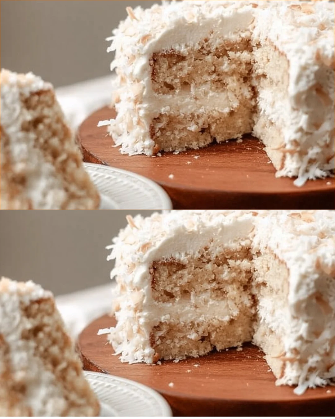 A slice of moist Vegan Coconut Cake topped with shredded coconut and fresh fruit.