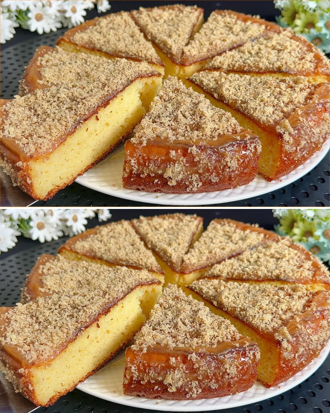 5-minute cream cheese semolina cake with caramel and nut topping