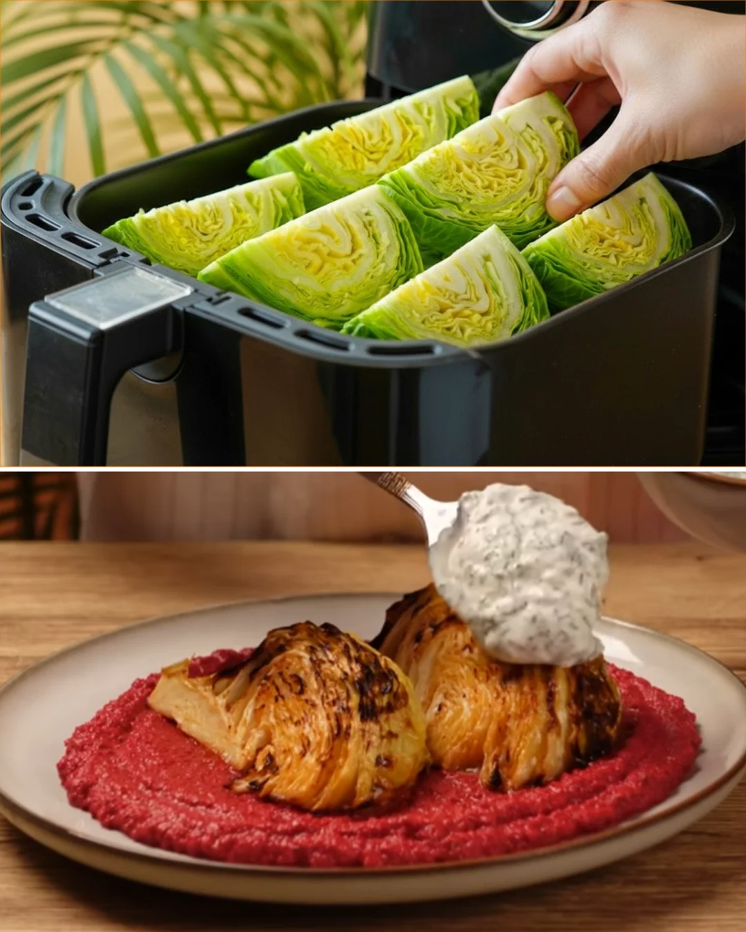 Plate of Air Fryer Cabbage served with creamy vegetable puree