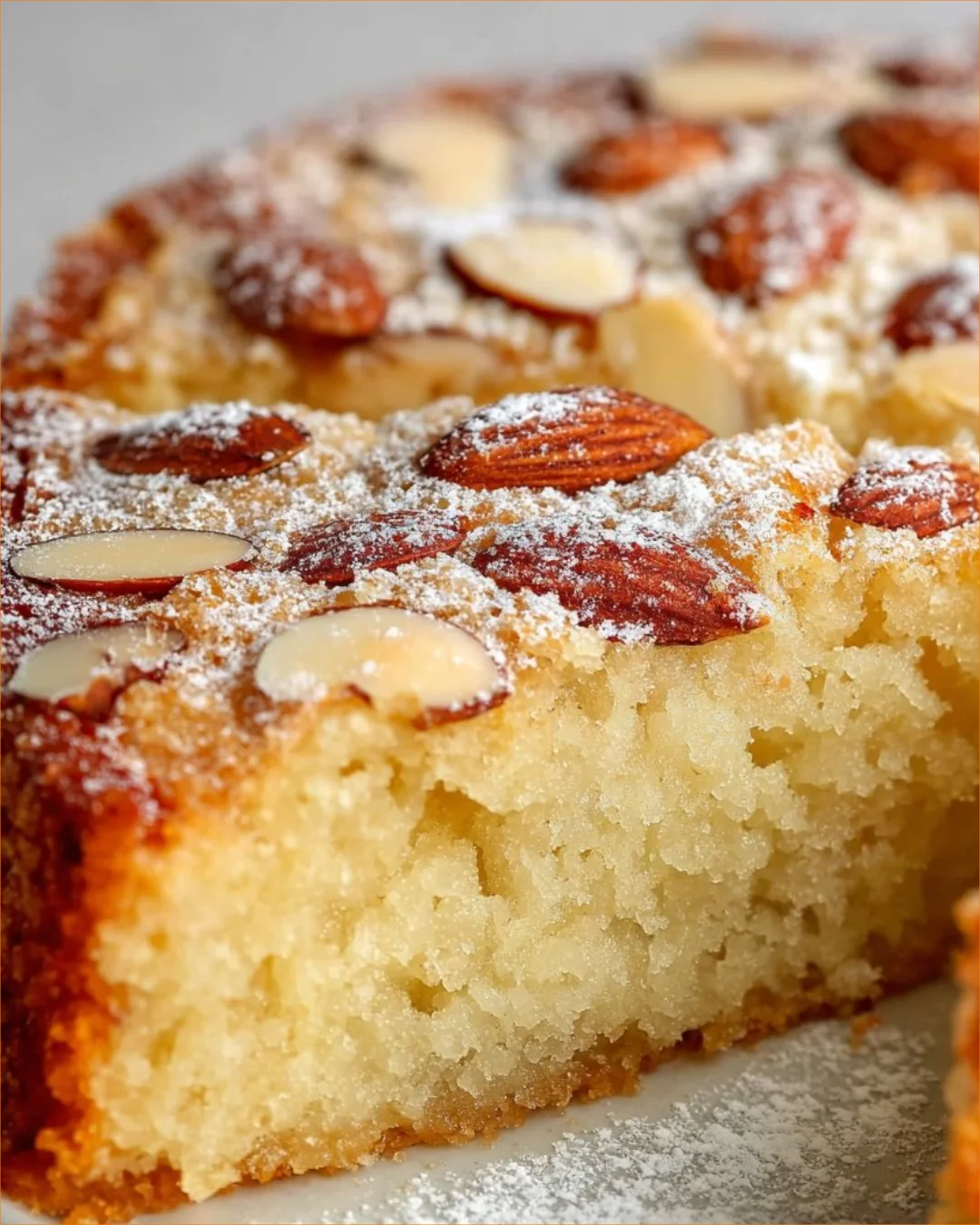 Deliciously moist Almond Cake topped with almonds and vibrant decorations