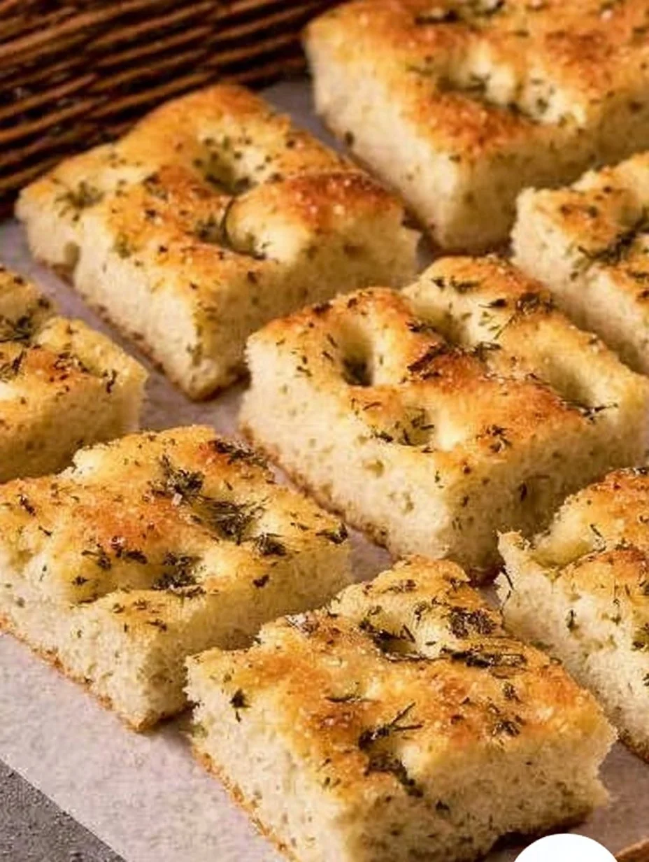 Freshly baked Almond Flour Focaccia topped with herbs and olive oil.