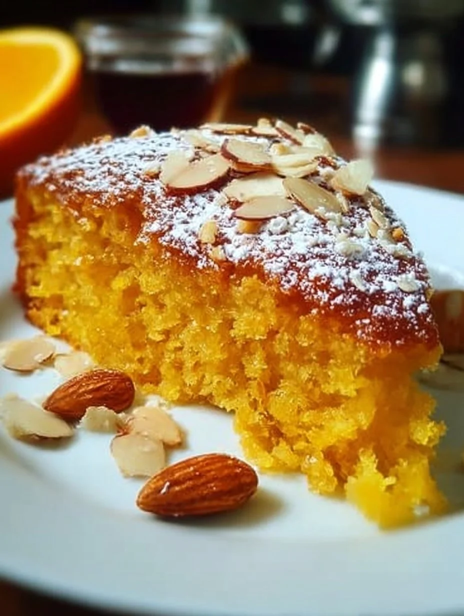 Sliced Almond Orange Olive Oil Cake on a decorative plate