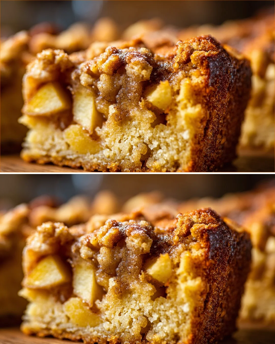 Delicious slice of Apple Walnut Coffee Cake topped with nuts and apple slices.