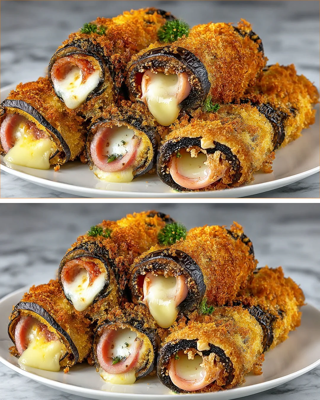 Baked eggplant rolls stuffed with cheese and herbs, garnished with fresh basil.
