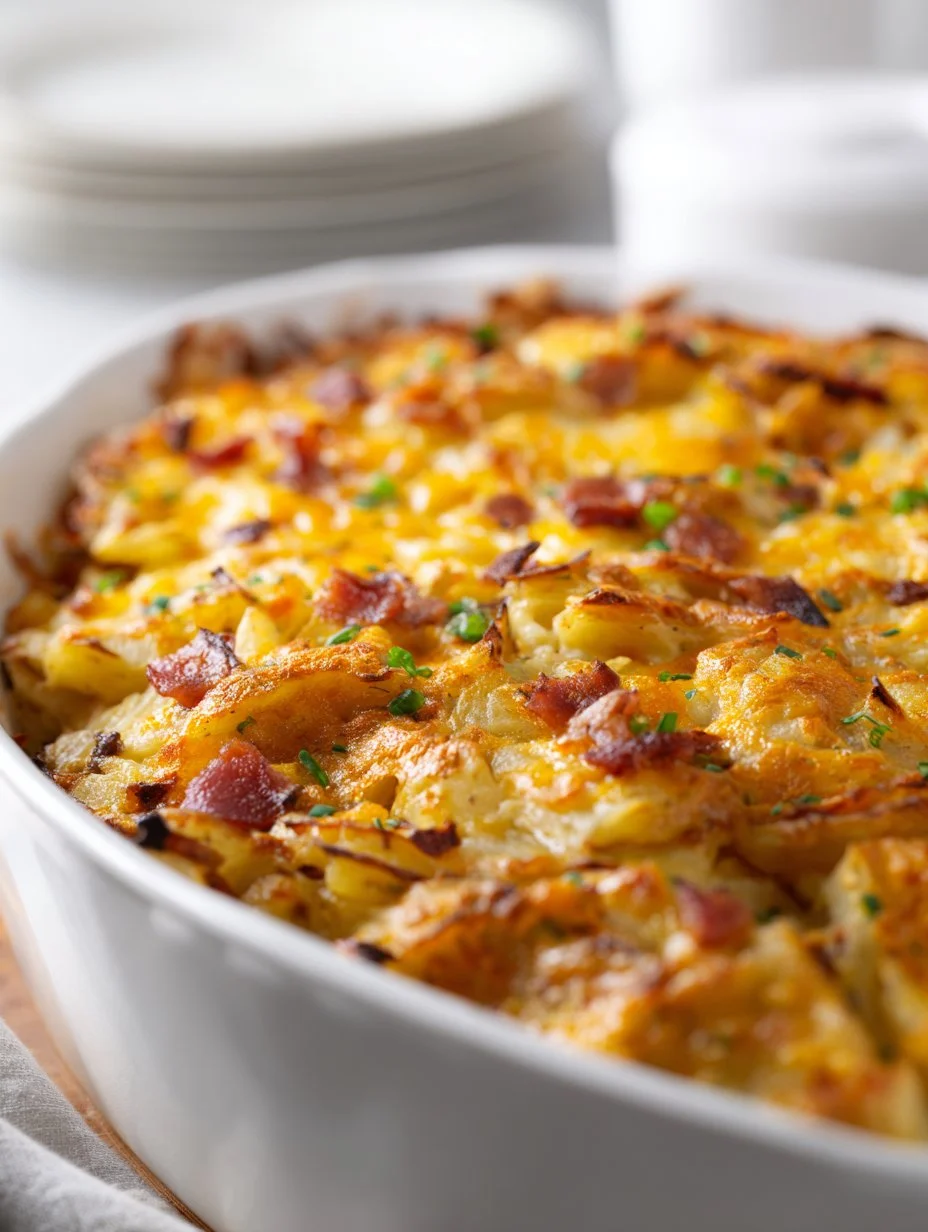 Delicious baked potato casserole topped with cheese and green onions