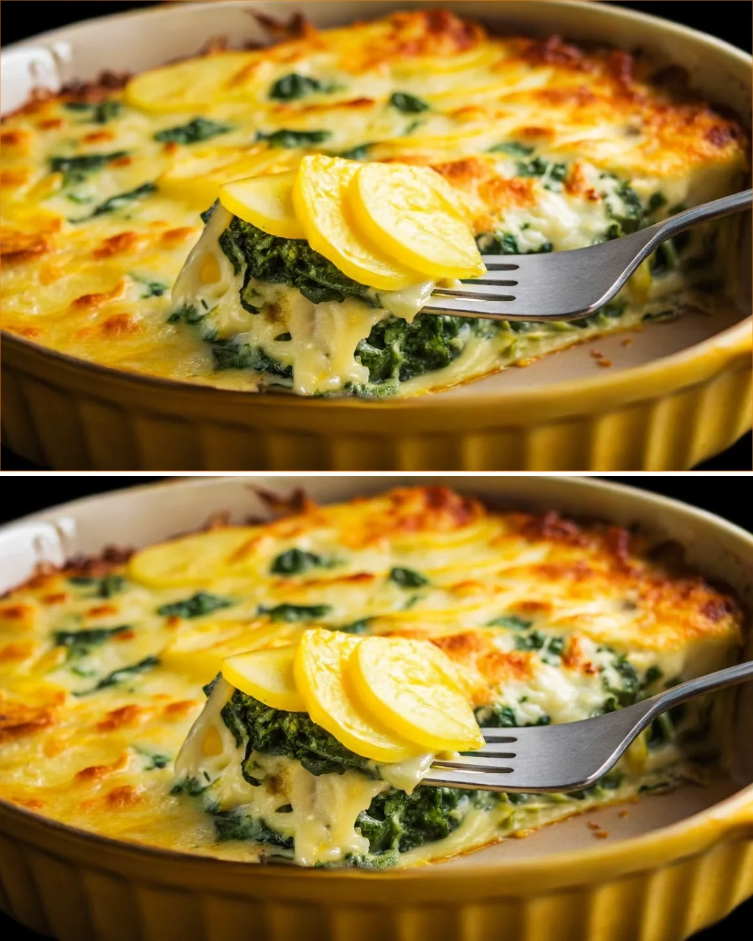 Baked potatoes topped with creamy spinach and cheese on a plate