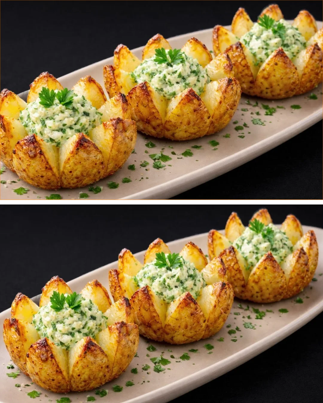 Baked potatoes topped with salad and sauce on a plate.