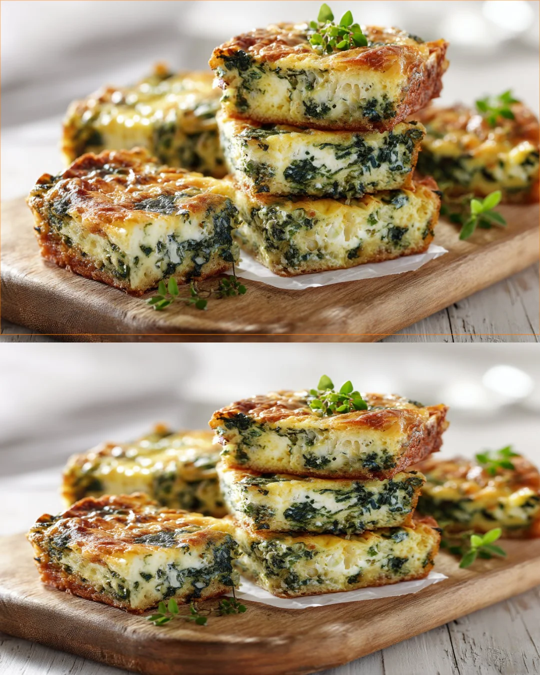 Delicious baked spinach cheese squares, golden and cheesy, on a platter.