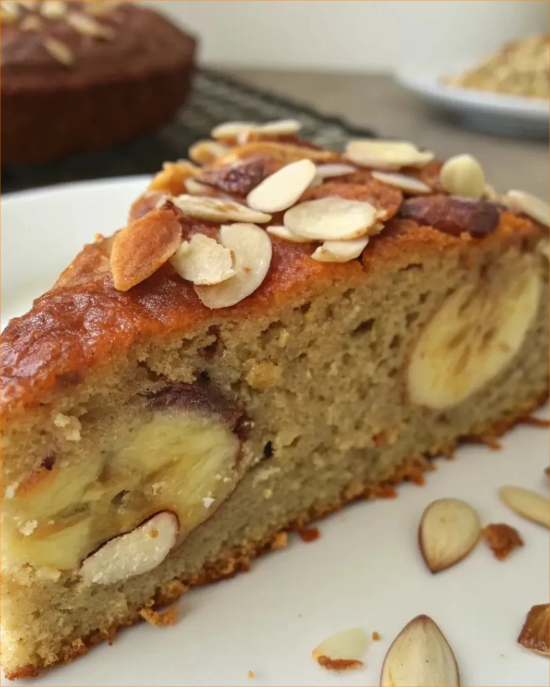 Deliciously baked Banana Almond Cake topped with almonds and bananas