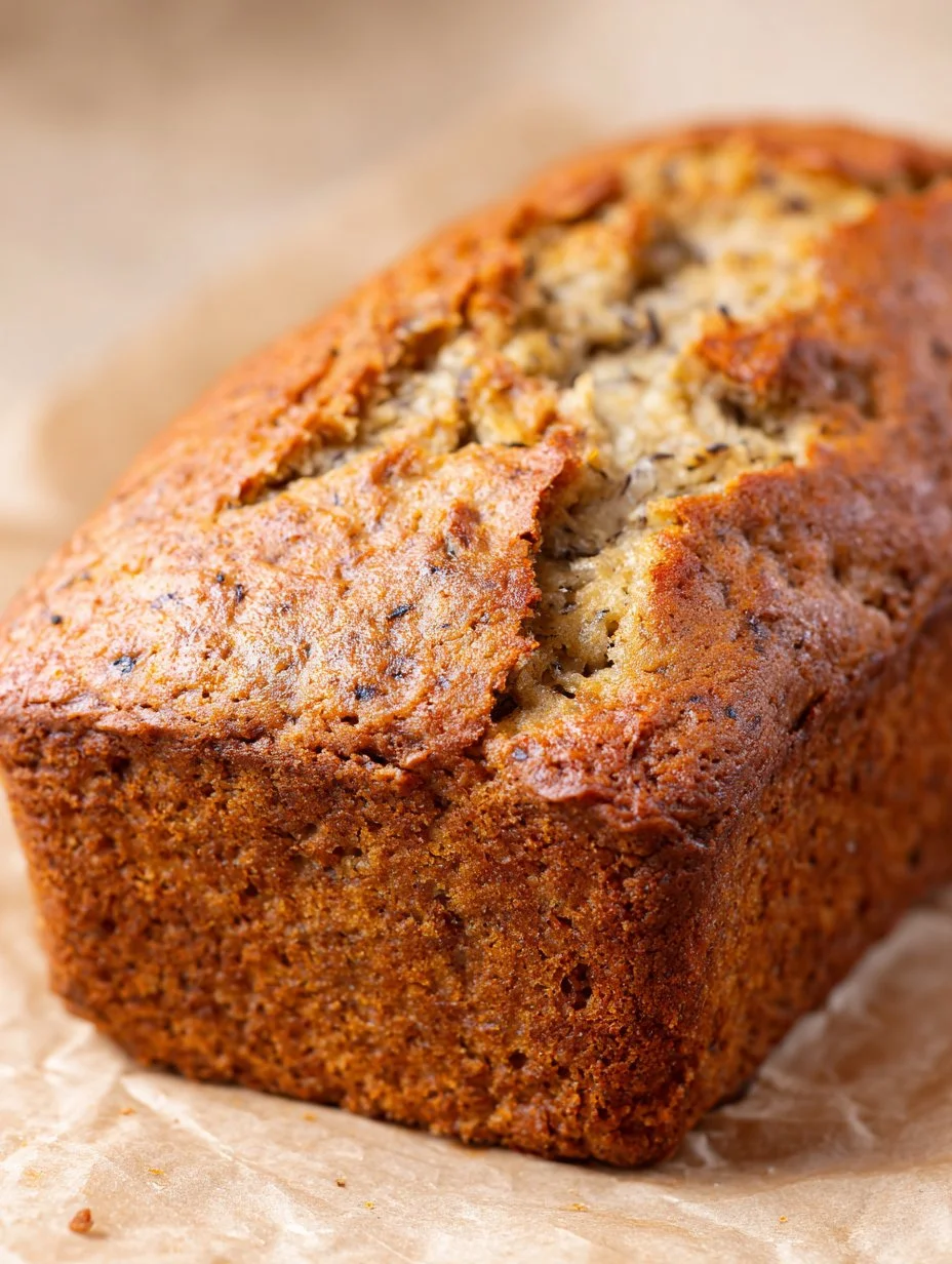 Freshly baked banana bread loaf on a wooden table
