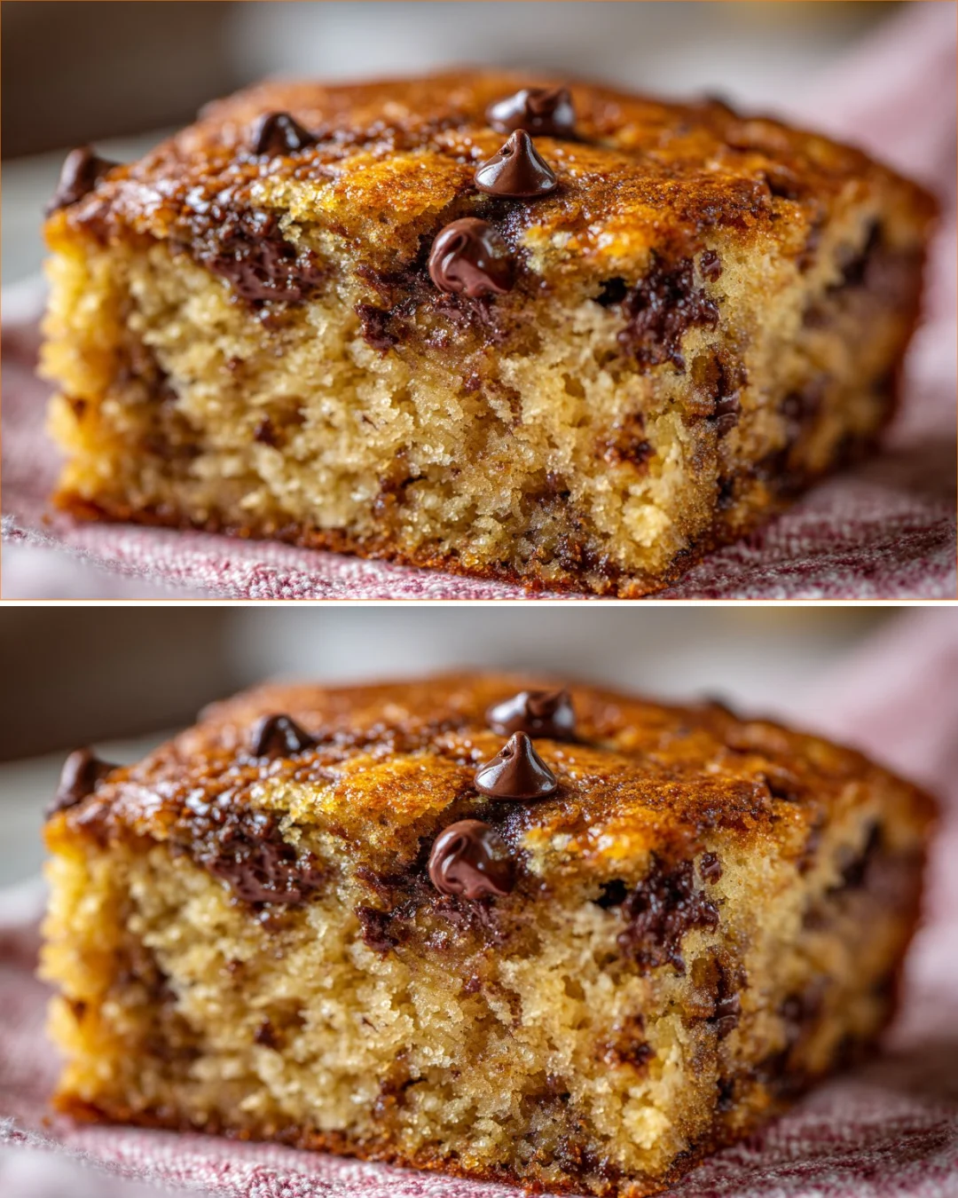 A delicious banana chocolate chip sheet cake with ripe bananas and chocolate chips.