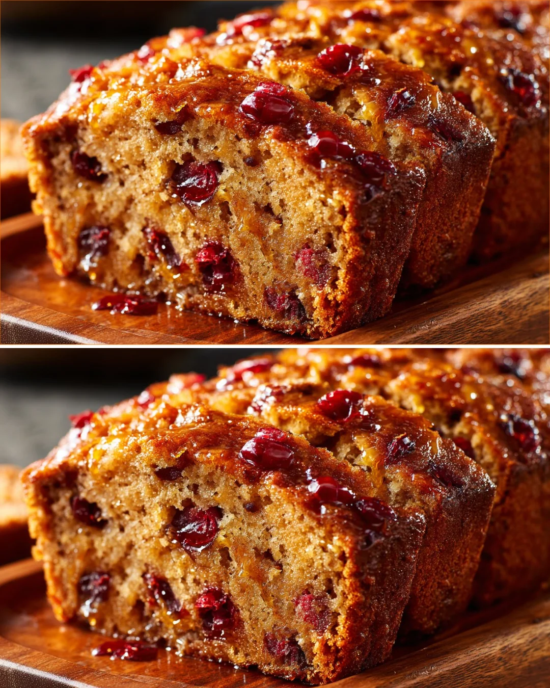 Slice of banana cranberry breakfast bread on a wooden table