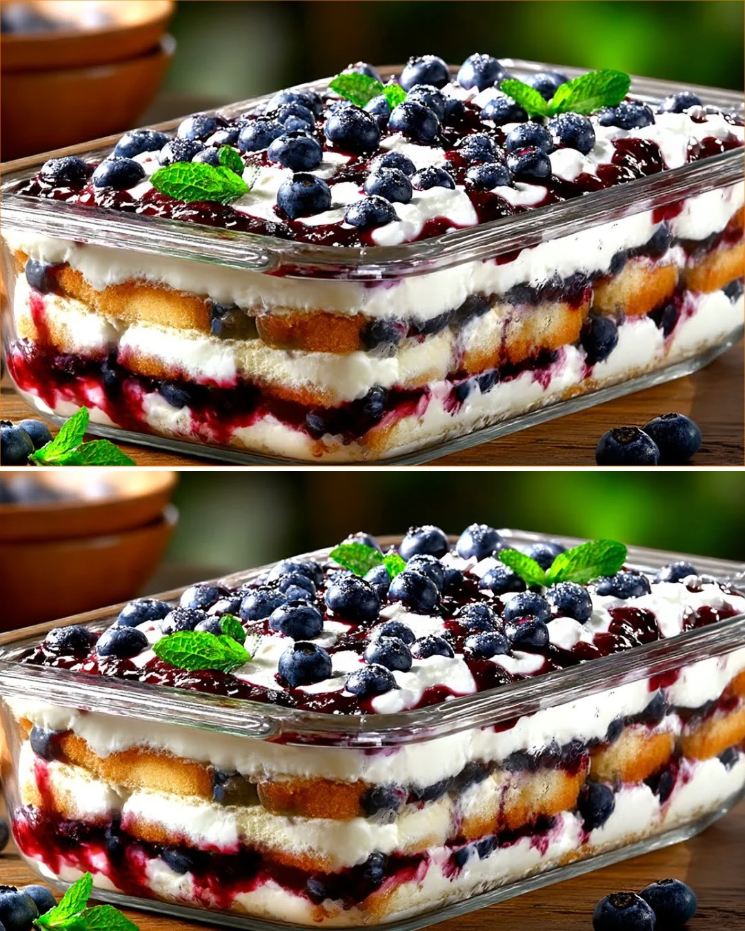 No-bake blueberry tiramisu dessert topped with fresh blueberries