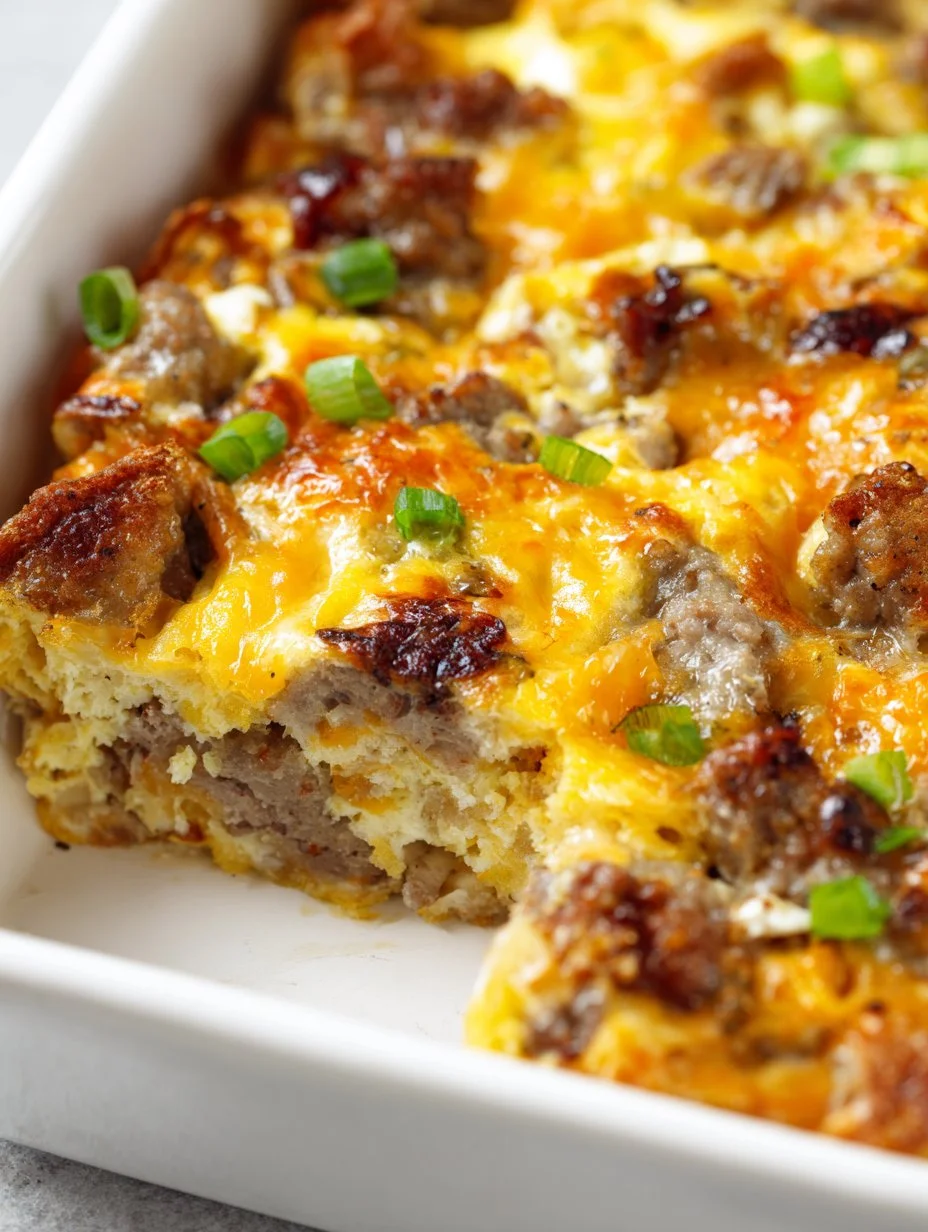 Hearty breakfast casserole featuring sausage, eggs, and cheese baked to perfection.